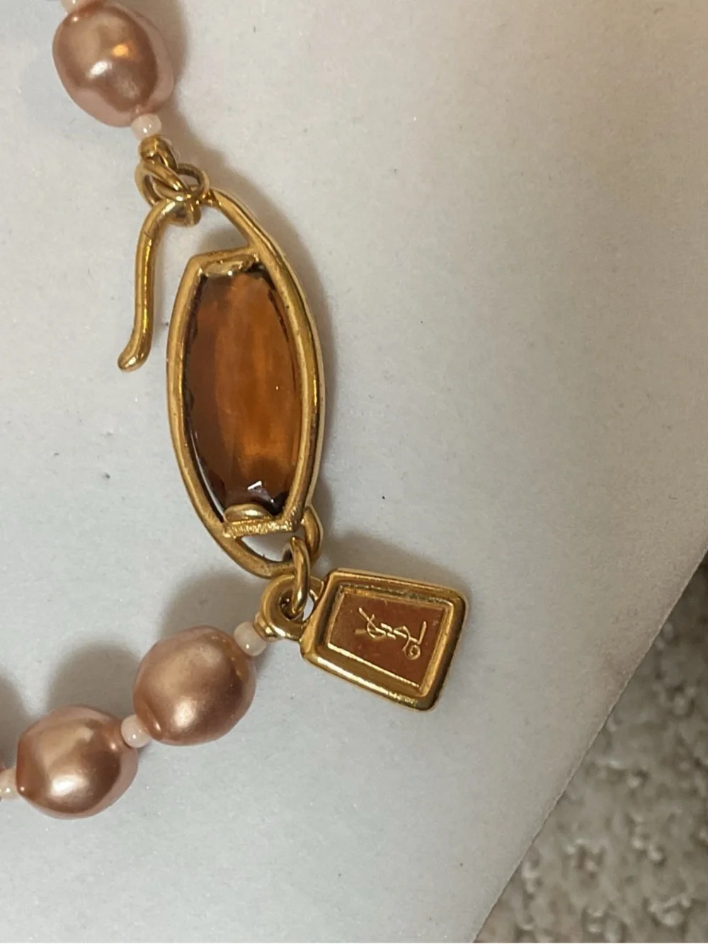 Vintage YSL Yves Saint Laurent Champagne Faux Pearl Graduated Bead Necklace 29”